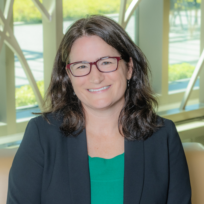 White woman with dark brown hair and dark red rectangular framed glasses smiling for a portrait headshot. She is wearing a green shirt and steel gray blazer